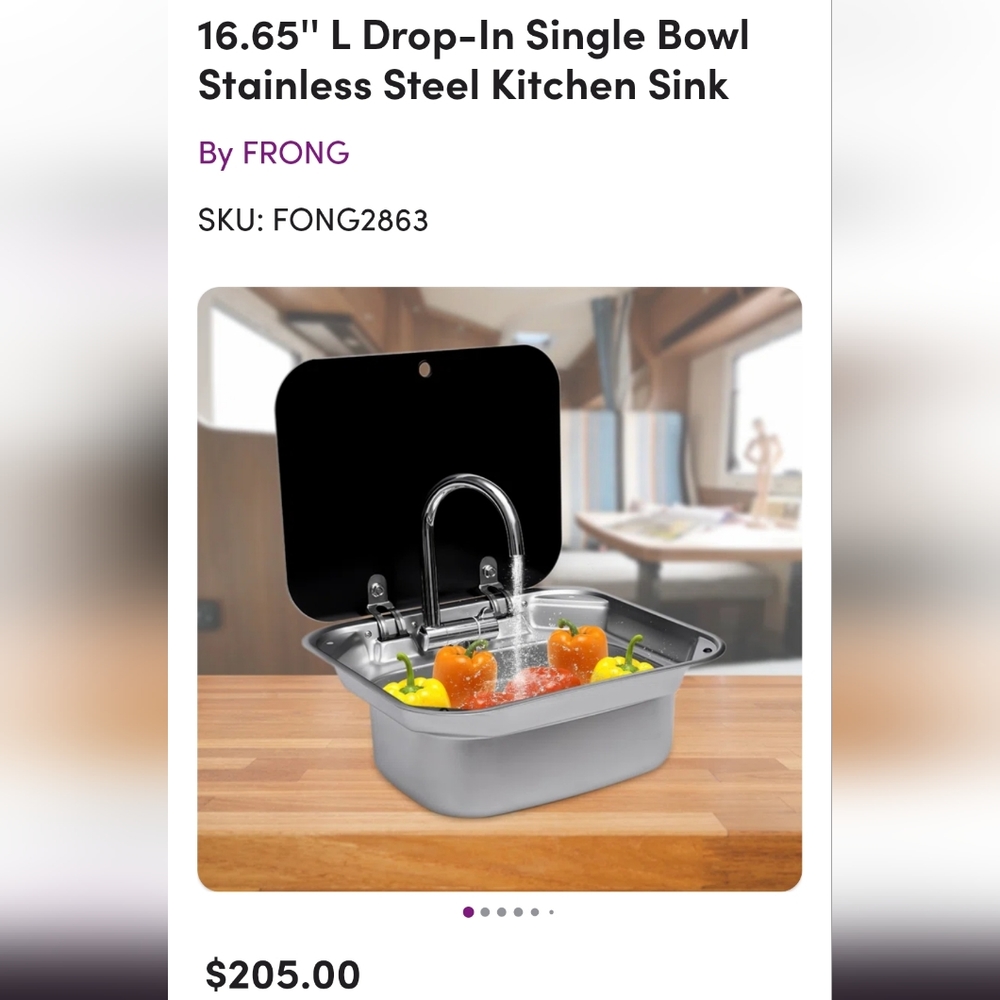 Stainless steel drop in foldable sink by Front. Perfect for RV or bar.